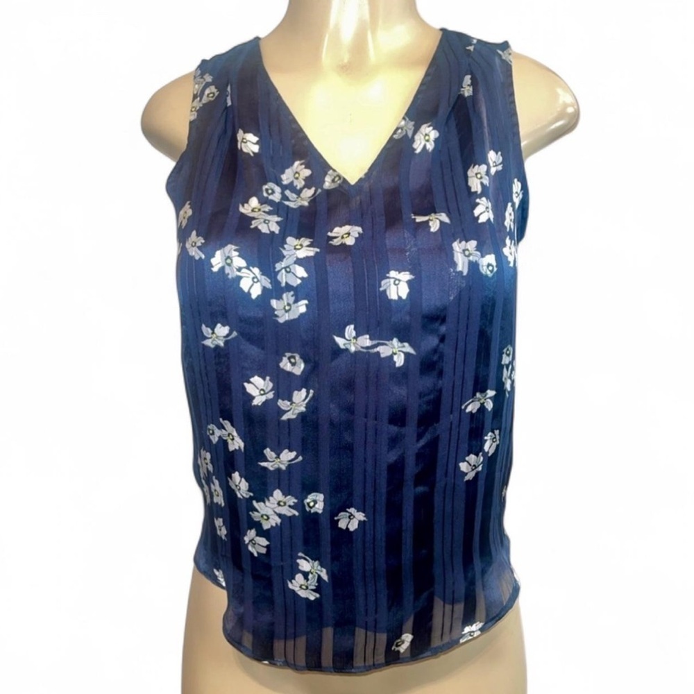 Banana Republic Navy Floral Satin V-Neck Sleeveless Top Petite XXS NWOT